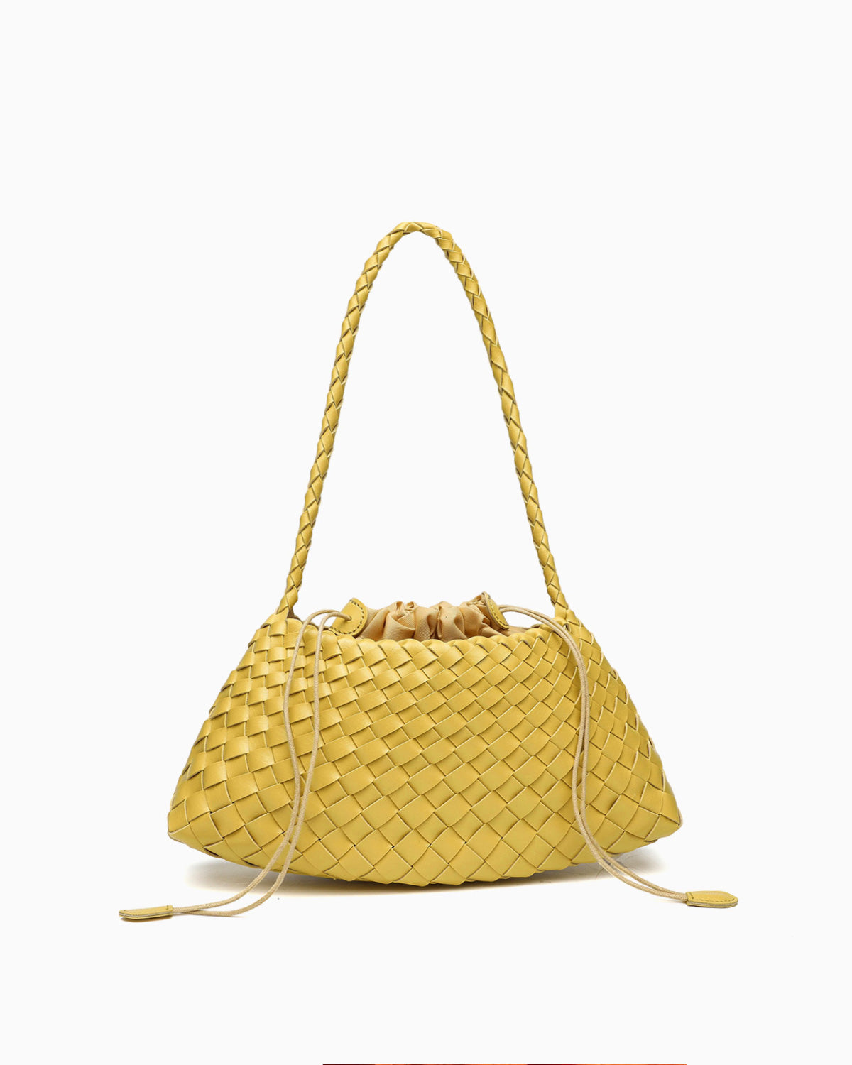 Yellow Vegan Leather Woven Shoulder Bag with Removable Pouch