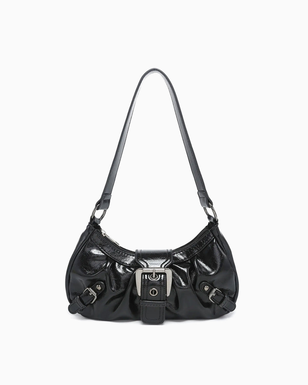 Women's Y2K Vegan Leather Shoulder Black Bag with Buckle Detail
