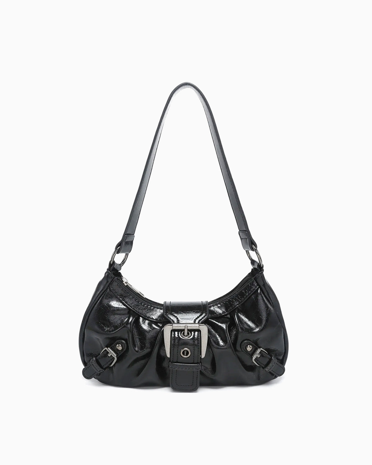 Women's Y2K Vegan Leather Shoulder Black Bag with Buckle Detail