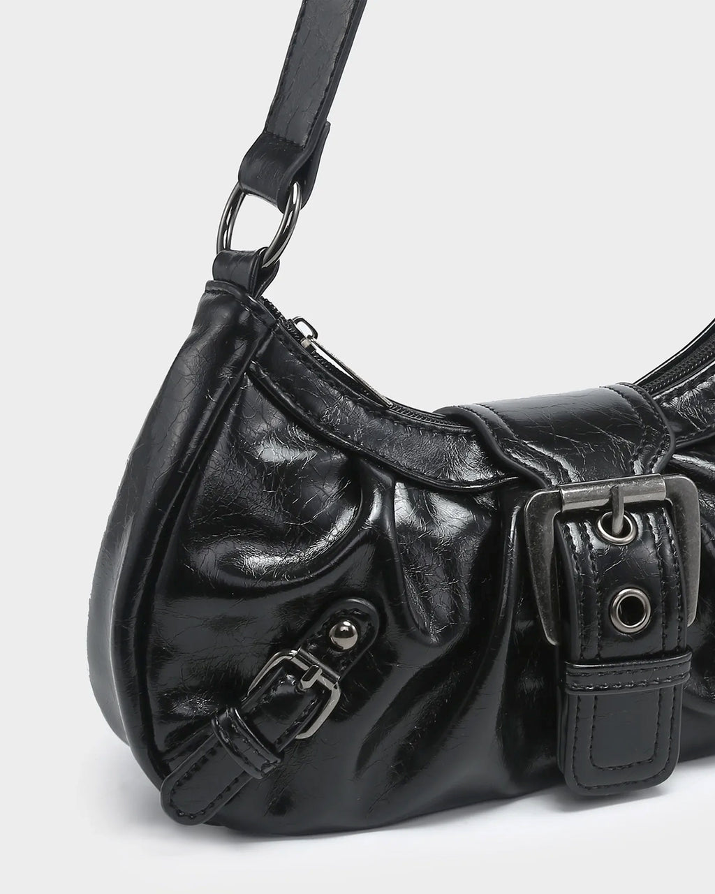 Leather texture and buckle details of the Women's Y2K Vegan Leather Shoulder Black Bag