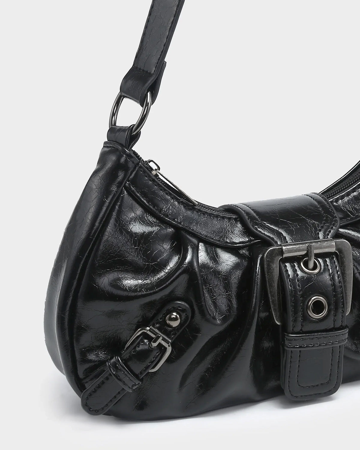 Leather texture and buckle details of the Women's Y2K Vegan Leather Shoulder Black Bag
