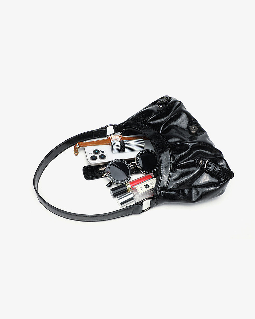Women's Y2K Vegan Leather Shoulder Black Bag with Buckle Detail
