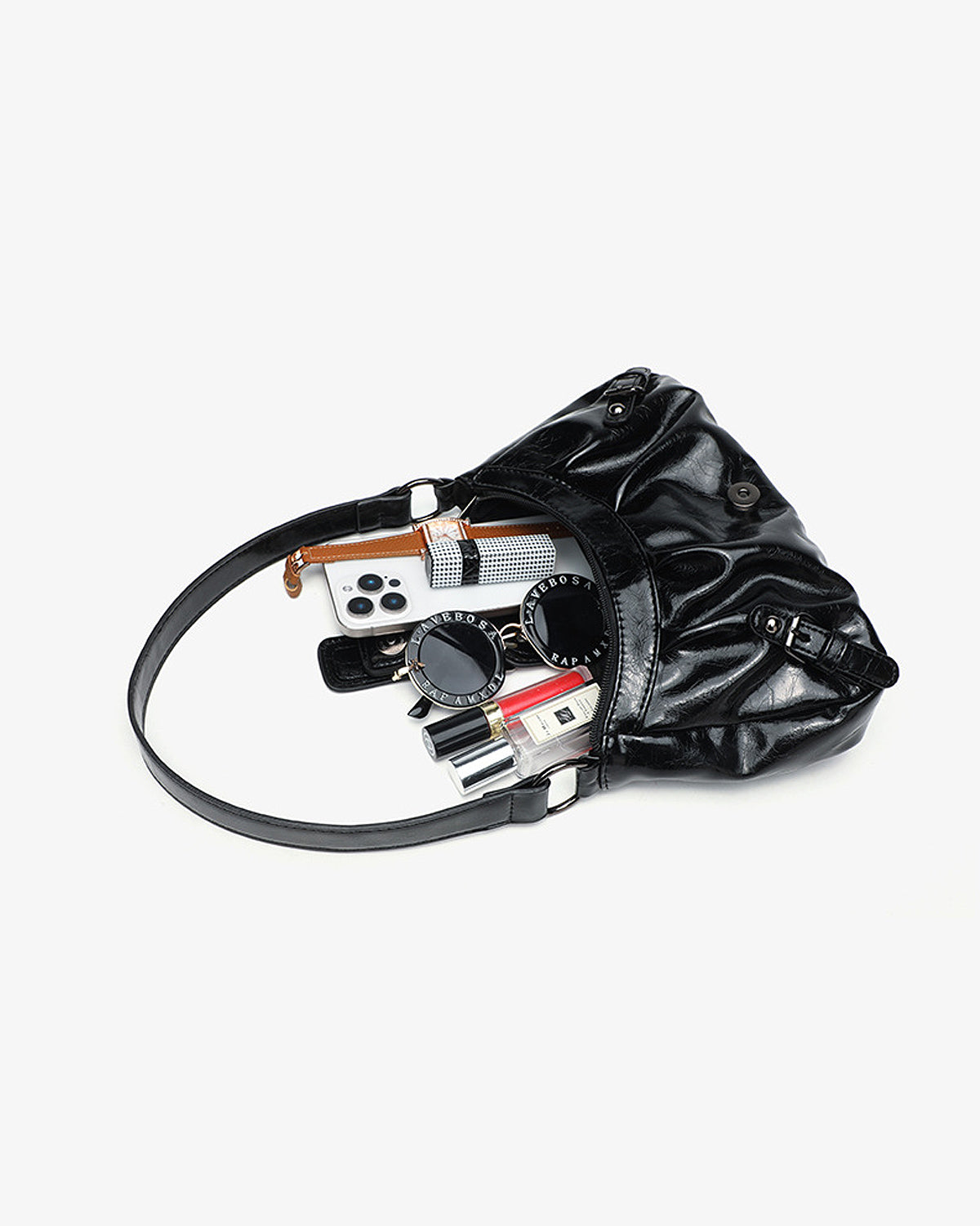 Women's Y2K Vegan Leather Shoulder Black Bag with Buckle Detail
