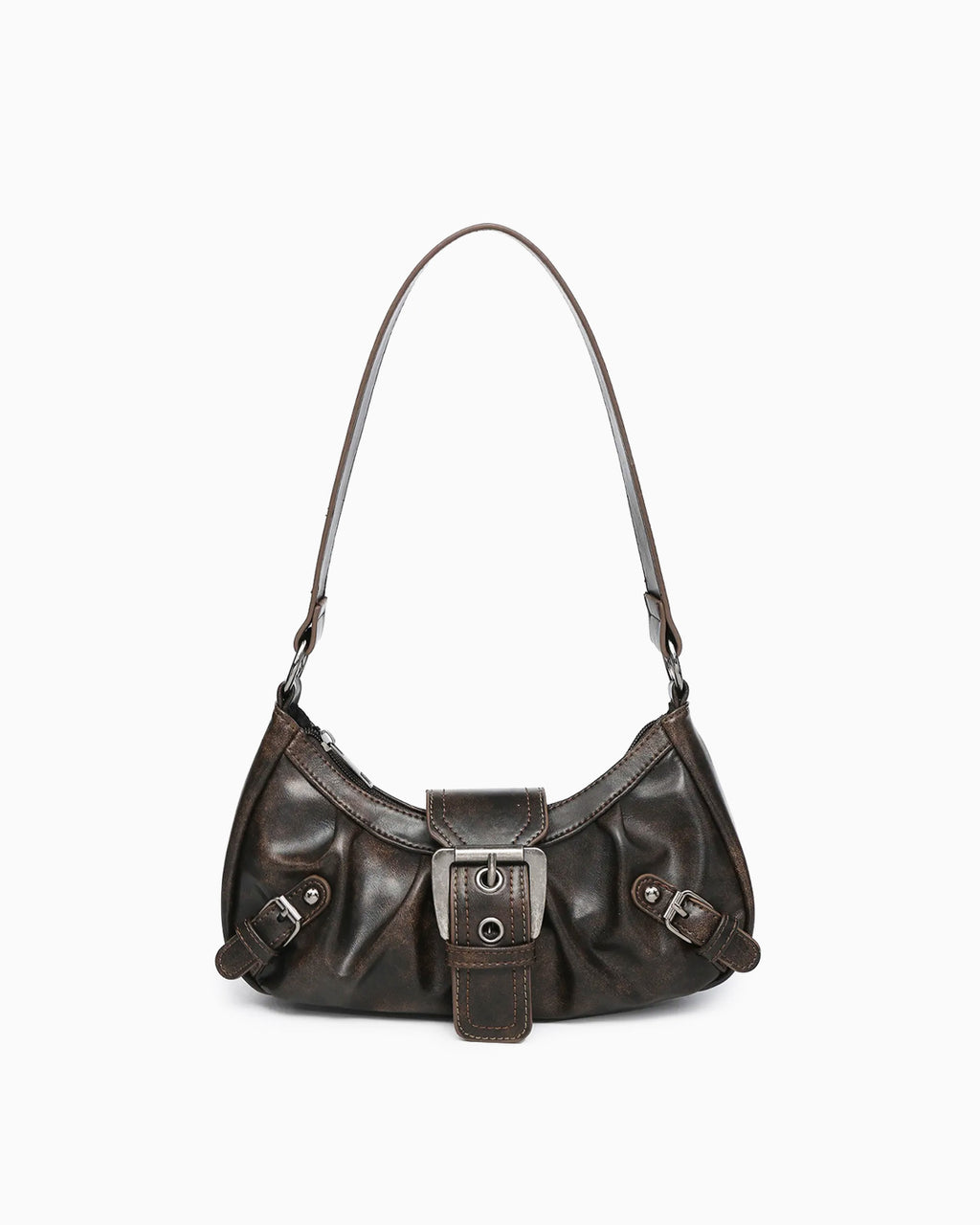 Women's Y2K Vegan Leather Shoulder Coffee color Bag with Buckle Detail