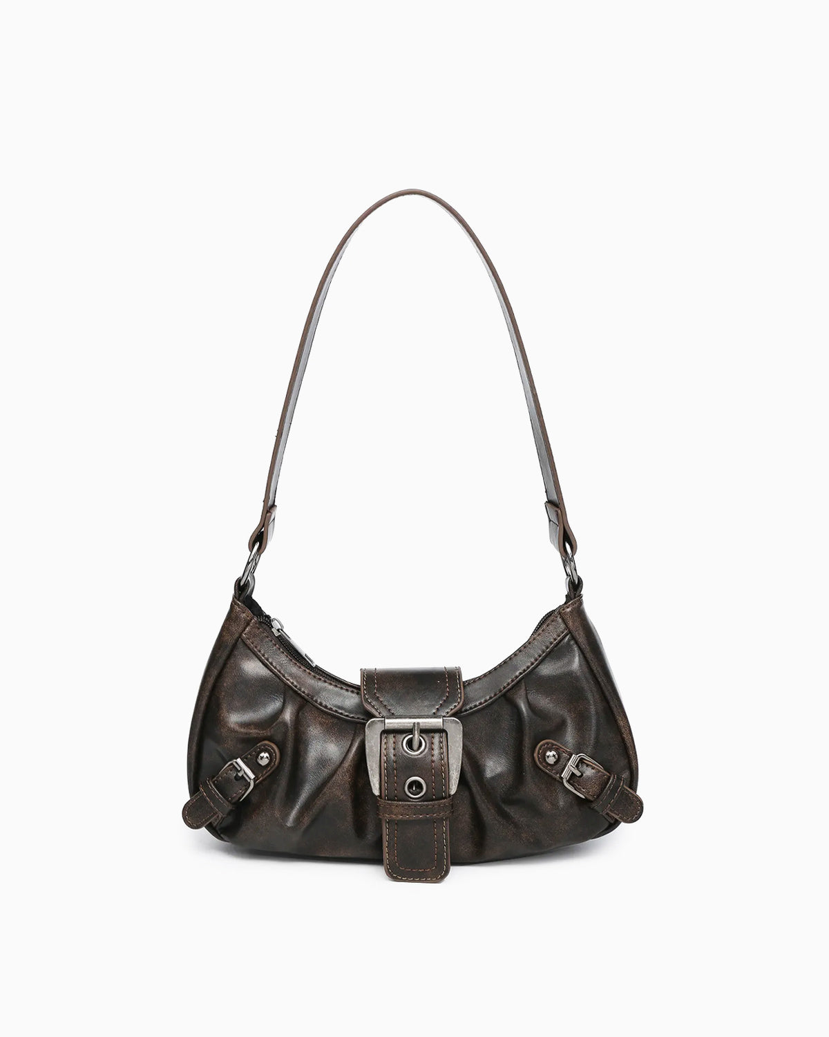 Women's Y2K Vegan Leather Shoulder Coffee color Bag with Buckle Detail