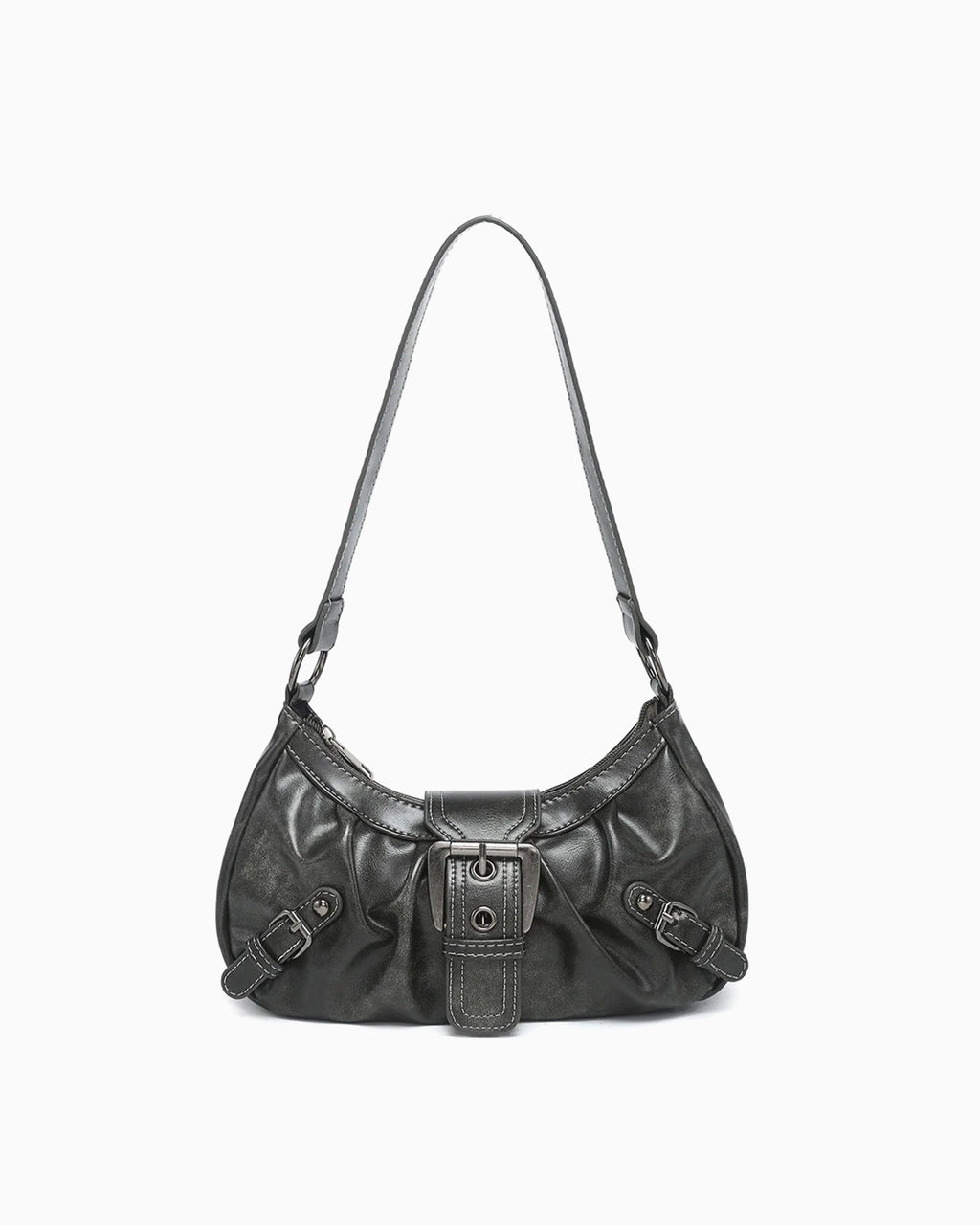 Trendy Vegan Leather Shoulder Dark Gray Bag with Buckle Details