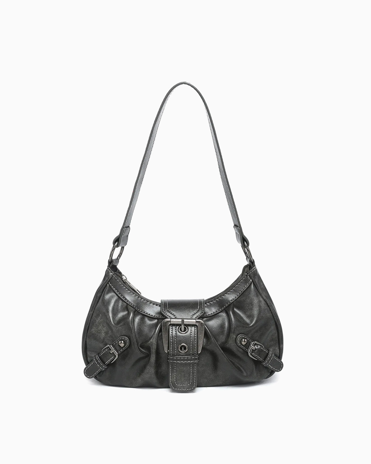 Trendy Vegan Leather Shoulder Dark Gray Bag with Buckle Details