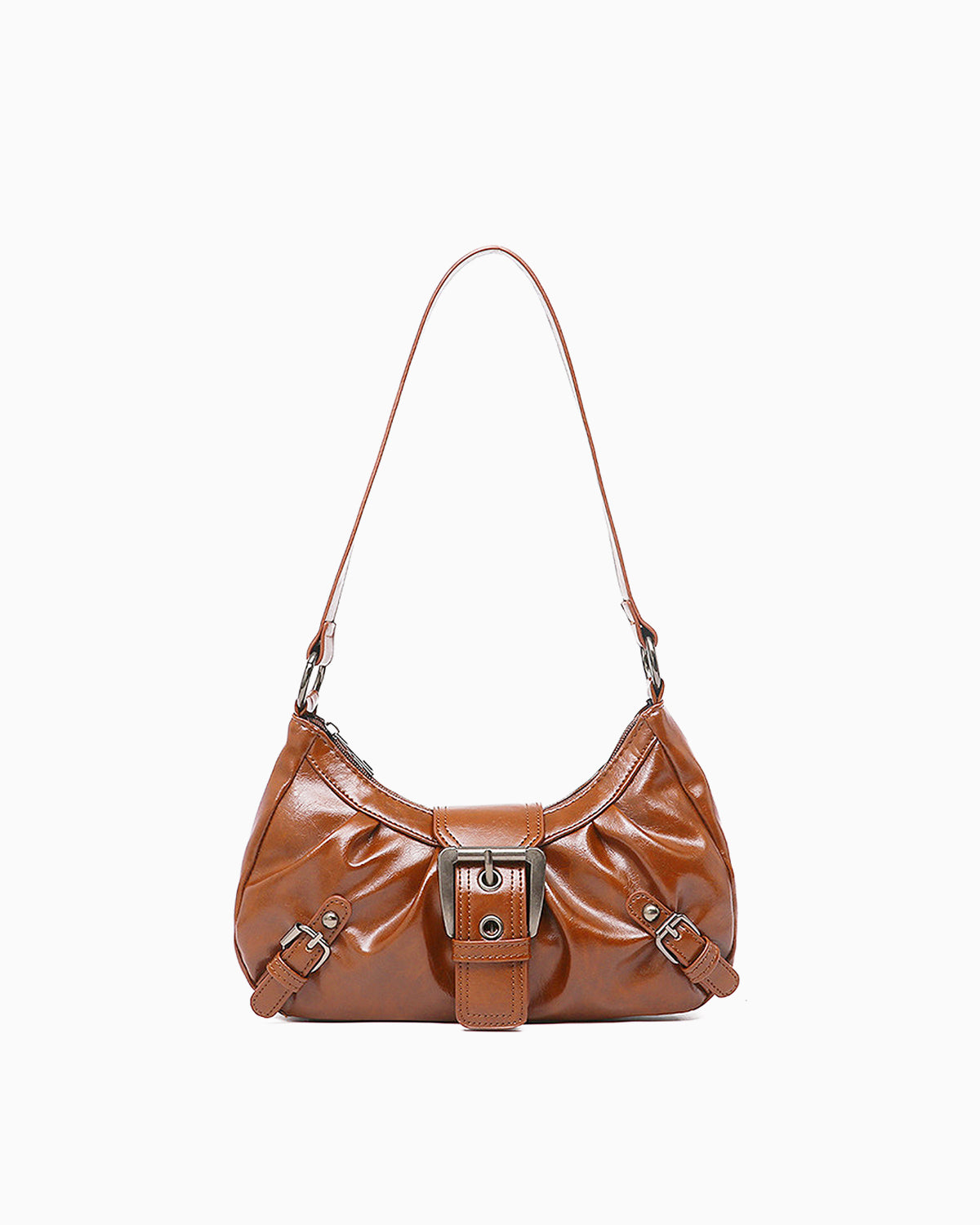Women's trendy Vegan Leather Shoulder Light Brown Bag with Buckle Details