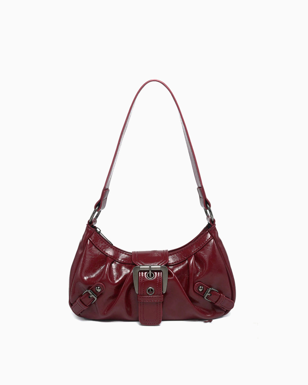 Women's Y2K Vegan Leather Shoulder Dark Red Bag with Buckle Detail