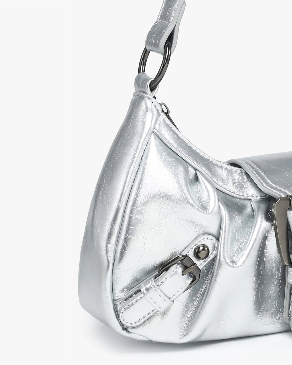 Leather texture and buckle details of the Y2K Vegan Leather Shoulder Silver Bag