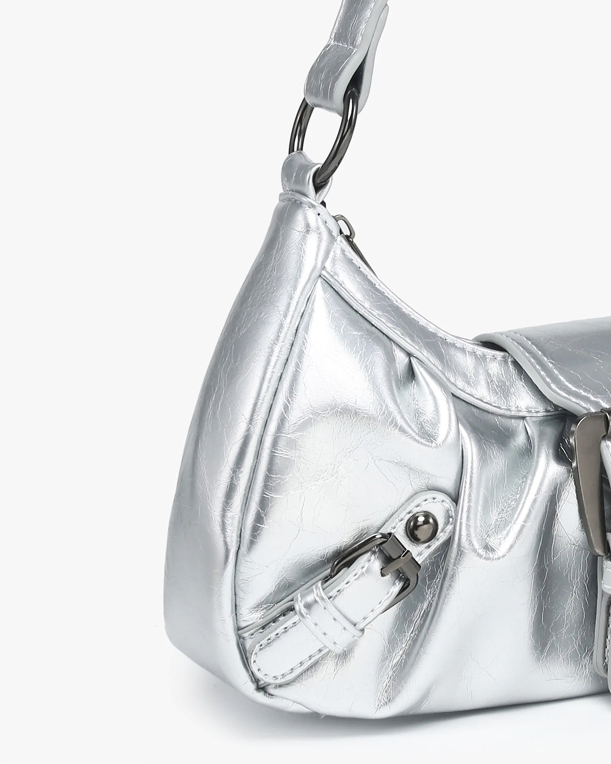 Leather texture and buckle details of the Y2K Vegan Leather Shoulder Silver Bag