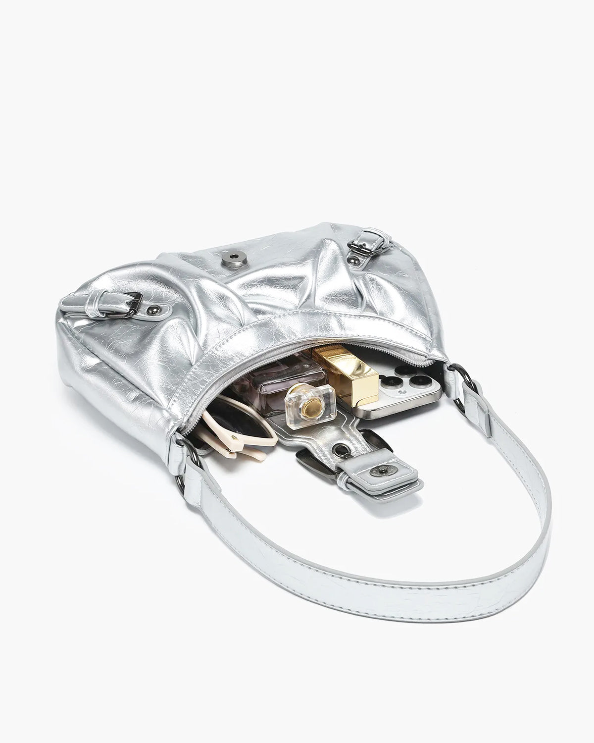 What fits inside of the Women's trendy Vintage-Inspired Vegan Leather Silver Shoulder Bag with Buckle Detail