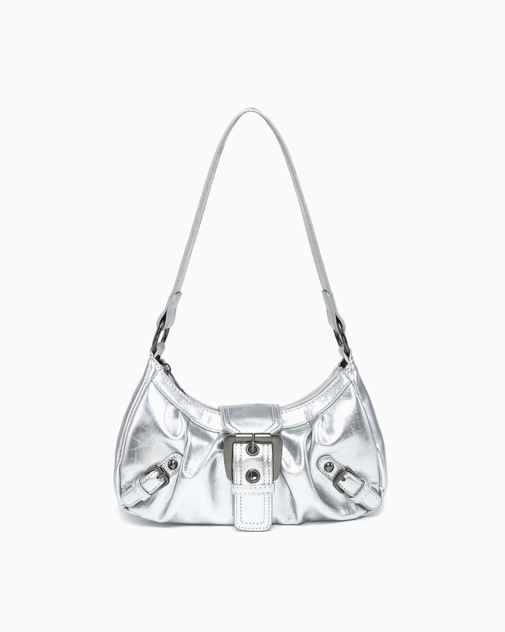 Women's Y2K Vegan Leather Shoulder Silver Bag with Buckle Detail