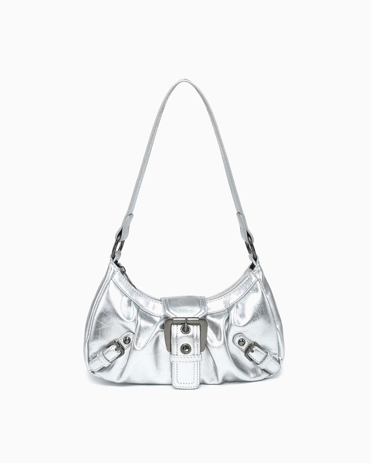 Women's Y2K Vegan Leather Shoulder Silver Bag with Buckle Detail