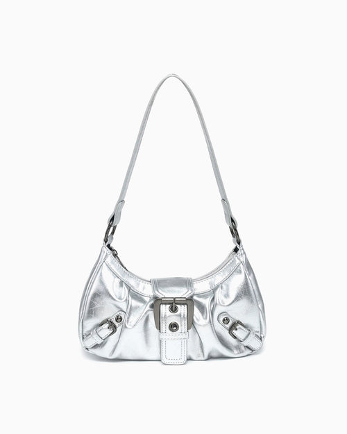 Women's Y2K Vegan Leather Shoulder Silver Bag with Buckle Detail