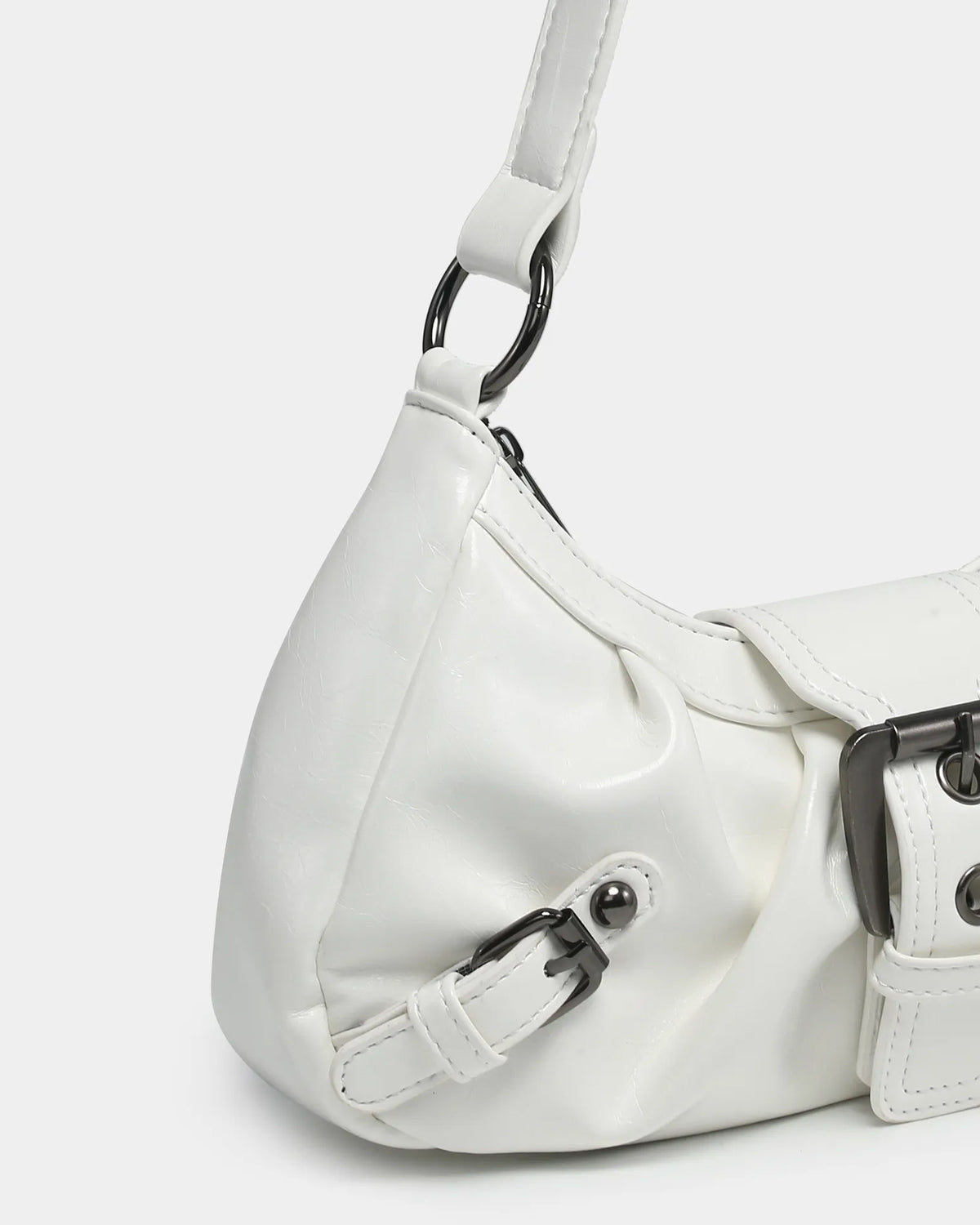 Leather texture and buckle details of the Women's fashionable Vegan Leather Shoulder White Bag