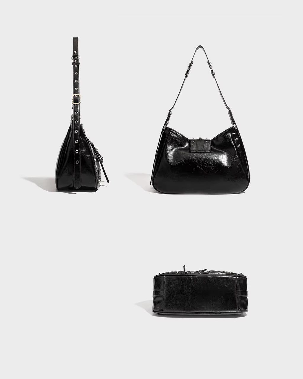 Side, back, and bottom views of the Black Studded Y2K Statement Vegan Leather Handbag with adjustable single strap