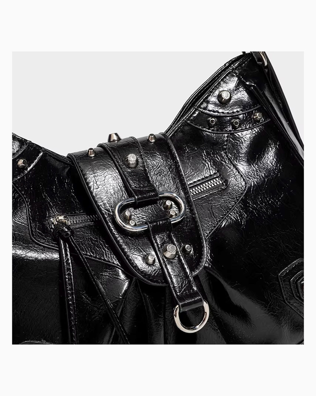 Leather texture and hardware details Black Studded Y2K Statement Vegan Leather Handbag with adjustable single strap