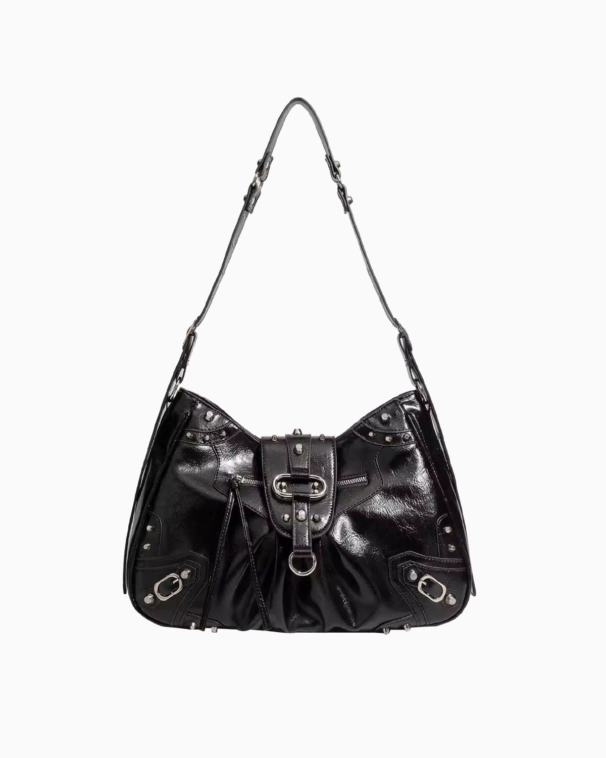 Black Studded Y2K Statement Vegan Leather Handbag with riveted handle, buckles, and an adjustable single strap