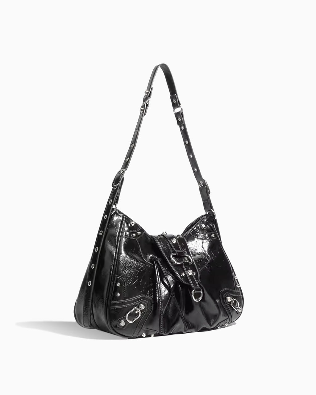 Side view of the Black Studded Y2K Statement Vegan Leather Handbag with an adjustable single strap