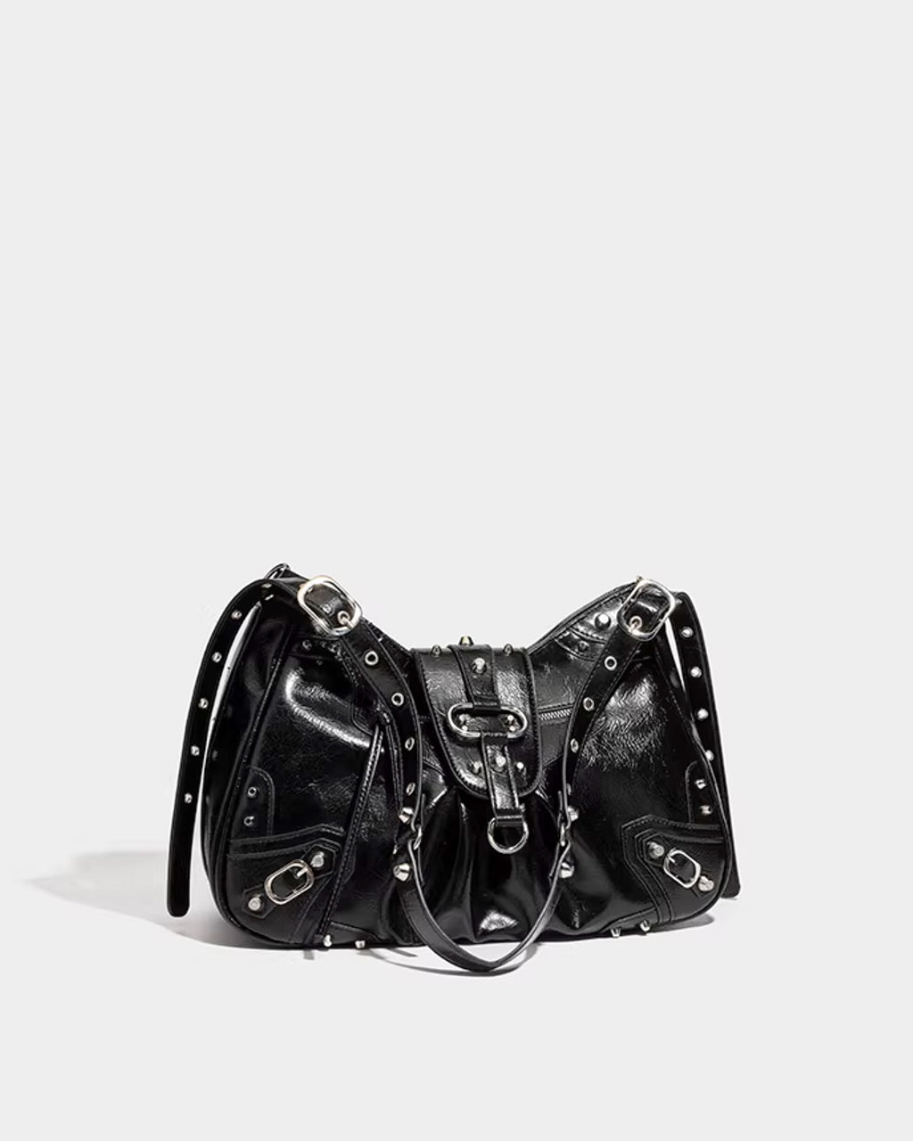 Side view of the Black Studded Y2K Statement Vegan Leather Handbag with an adjustable single strap