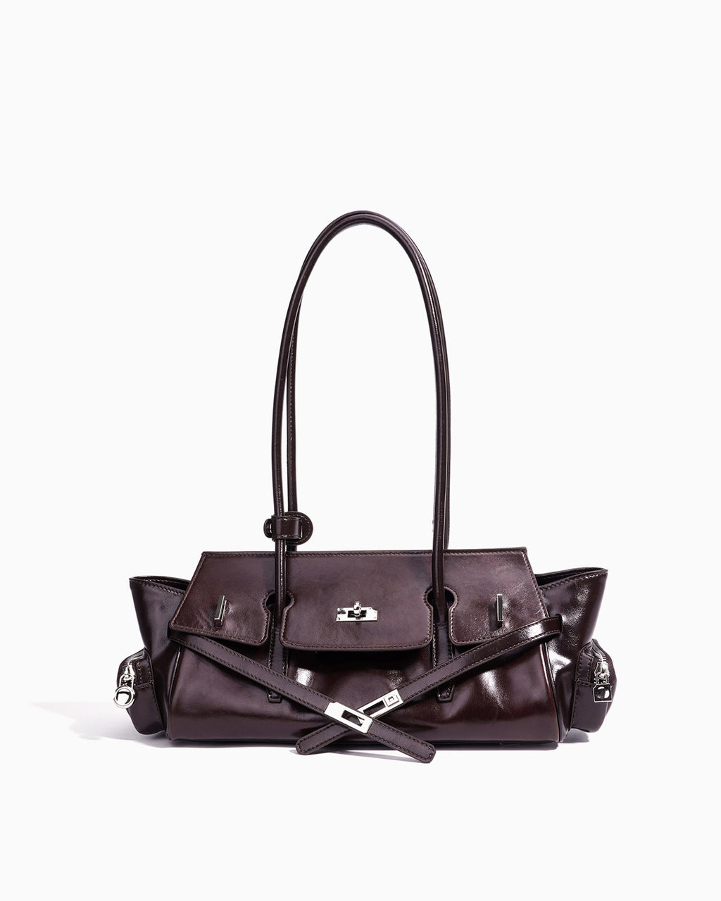 Women's Genuine Leather Shoulder Baguette Bag with zippered side pockets and turn-lock closure, Blackcurrant Purple Color