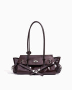 Women's Genuine Leather Shoulder Baguette Bag with zippered side pockets and turn-lock closure, Blackcurrant Purple Color