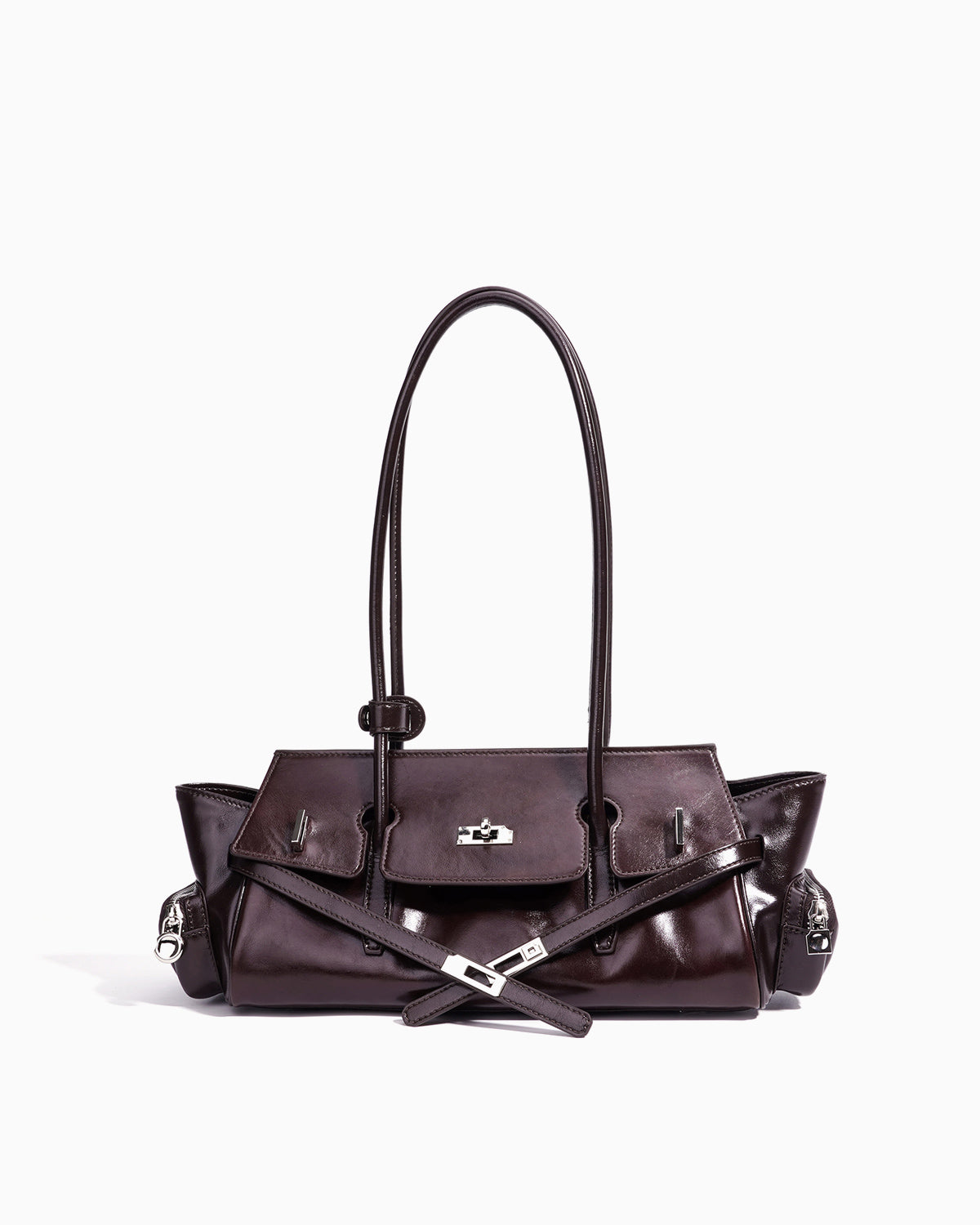 Women's Genuine Leather Shoulder Baguette Bag with zippered side pockets and turn-lock closure, Blackcurrant Purple Color