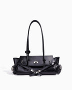 Women's Genuine Leather Black Shoulder Baguette Bag with zippered side pockets and turn-lock closure