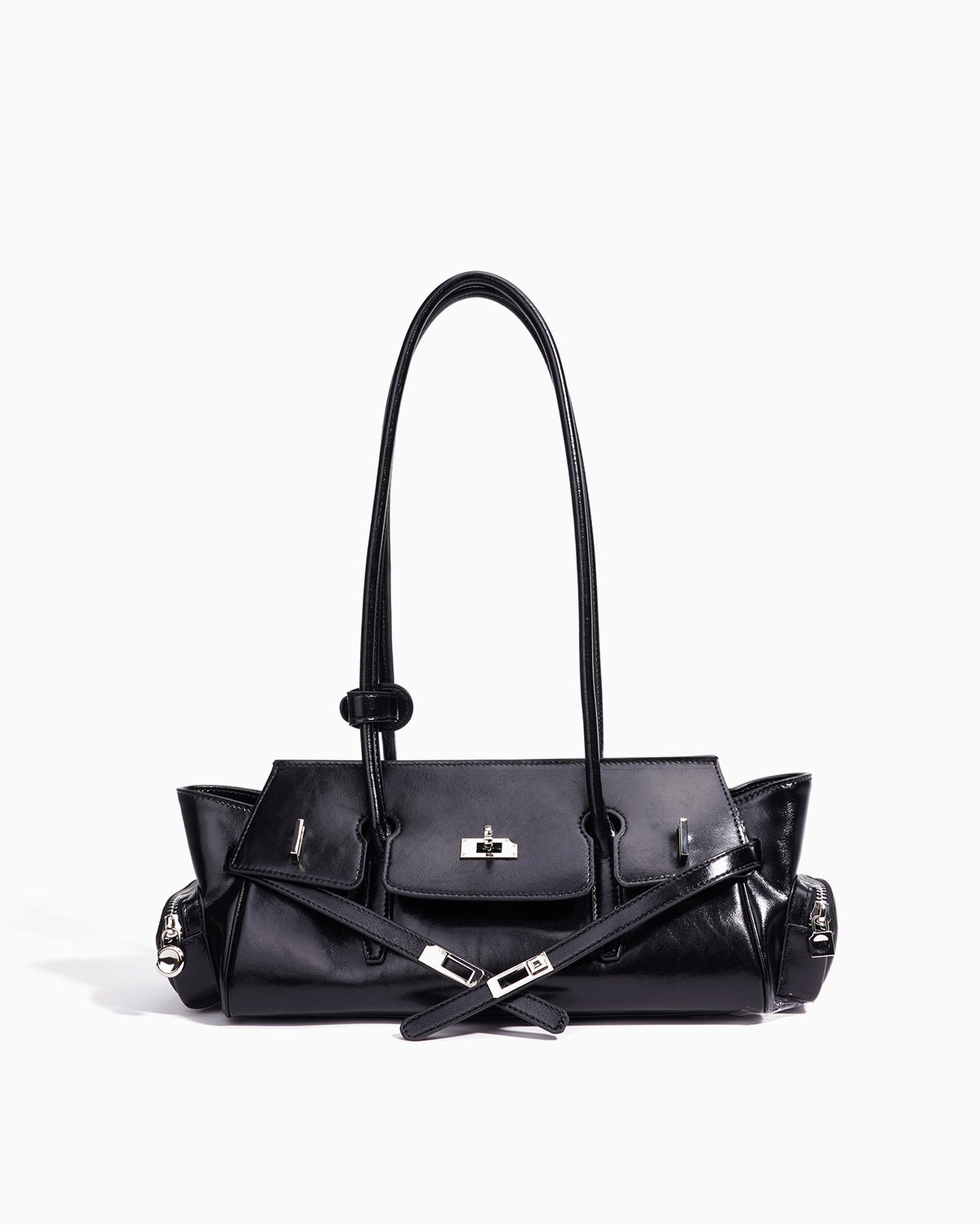 Women's Genuine Leather Black Shoulder Baguette Bag with zippered side pockets and turn-lock closure