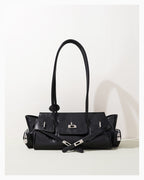 Woman's Genuine Leather Black Shoulder Baguette Bag with zippered side pockets and turn-lock closure