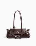 Women's Genuine Leather Shoulder Baguette Bag with zippered side pockets and turn-lock closure, Havana Color