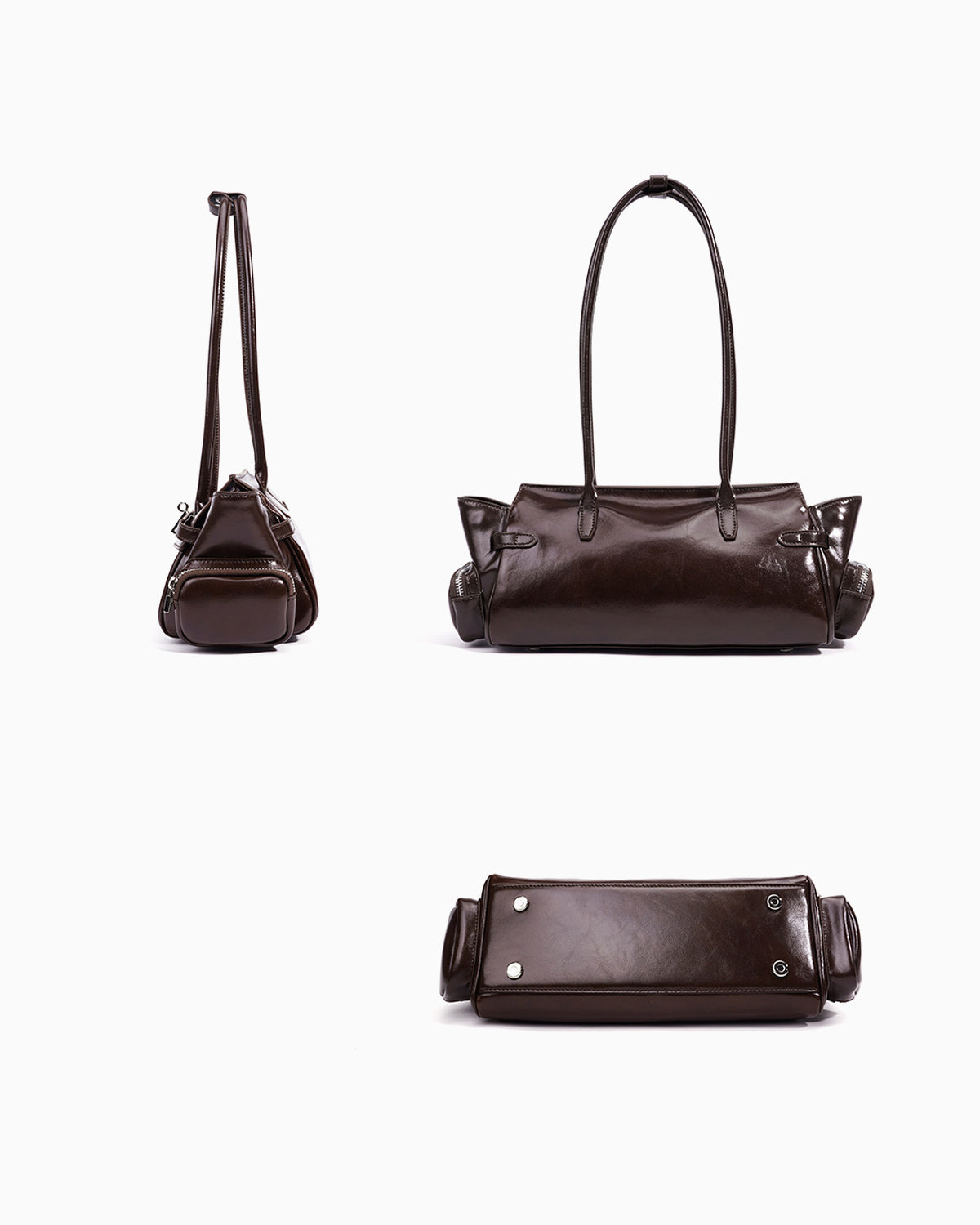 Side, back, and bottom views of Genuine Leather Shoulder Baguette Bag with zippered side pockets and turn-lock closure, Havana Color