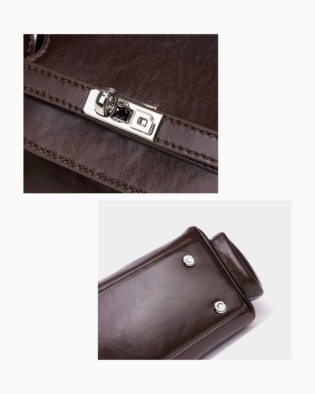 Leather texture and hardware details of the Women's Genuine Leather Shoulder Baguette Bag with zippered side pockets and turn-lock closure