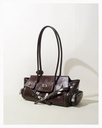 Woman's Genuine Leather Shoulder Baguette Bag with zippered side pockets and turn-lock closure, Havana Color