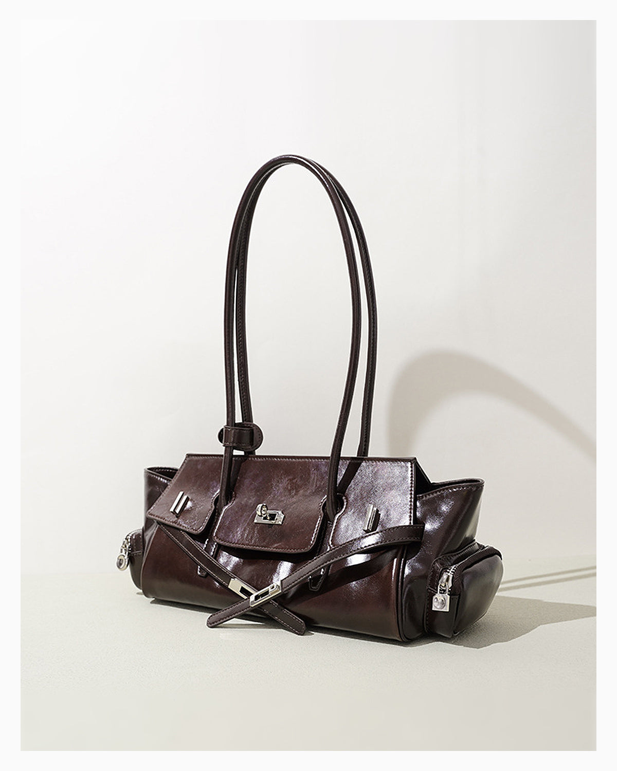 Woman's Genuine Leather Shoulder Baguette Bag with zippered side pockets and turn-lock closure, Havana Color