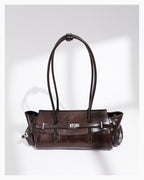 Woman's Genuine Leather Shoulder Baguette Bag with zippered side pockets and turn-lock closure, Havana Color