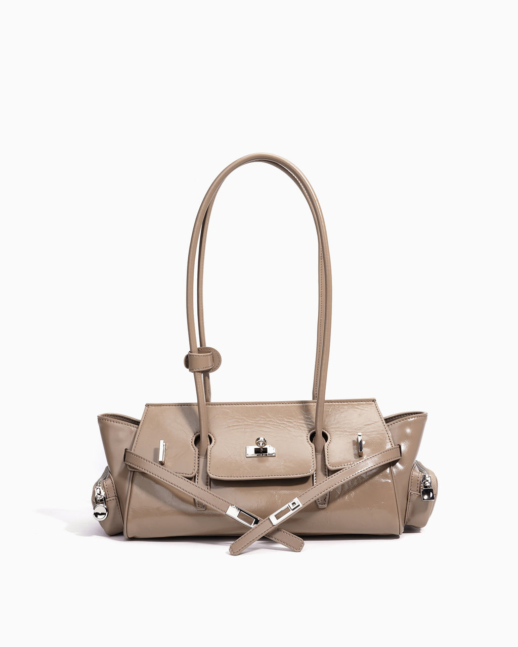 Women's Genuine Leather Shoulder Baguette Bag with zippered side pockets and turn-lock closure, Linen Color