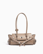 Women's Genuine Leather Shoulder Baguette Bag with zippered side pockets and turn-lock closure, Linen Color