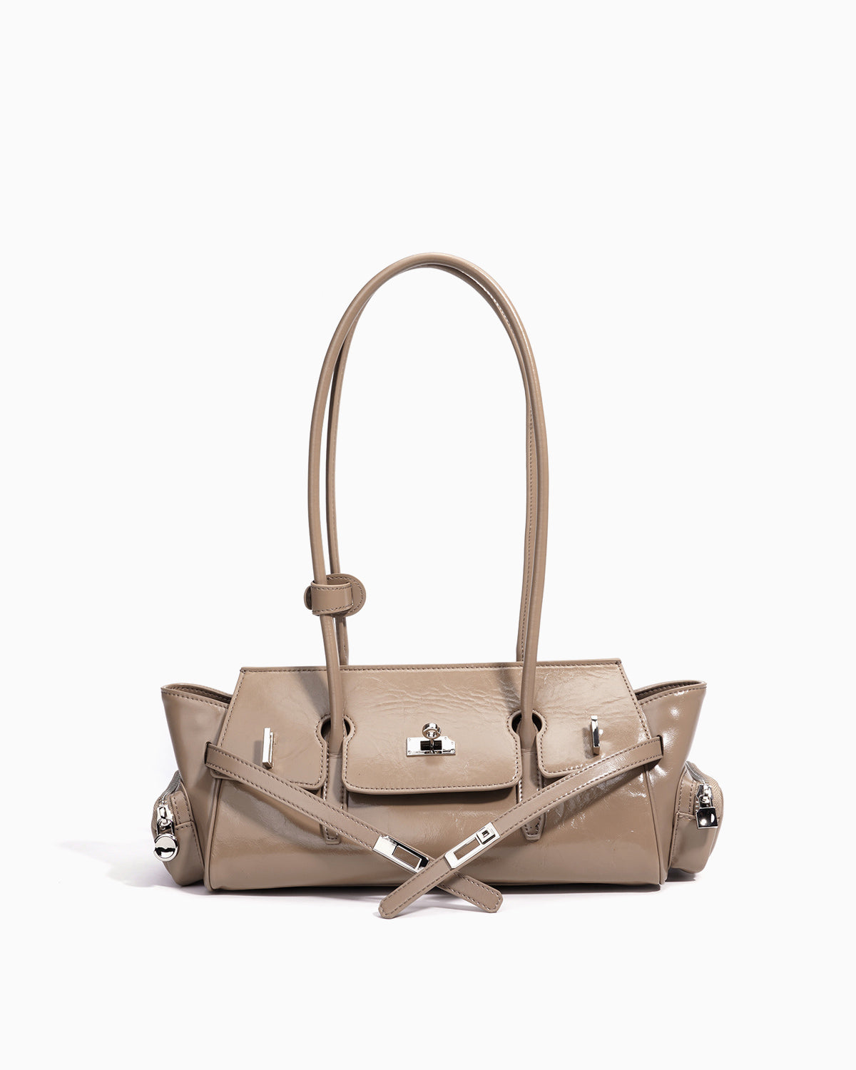 Women's Genuine Leather Shoulder Baguette Bag with zippered side pockets and turn-lock closure, Linen Color