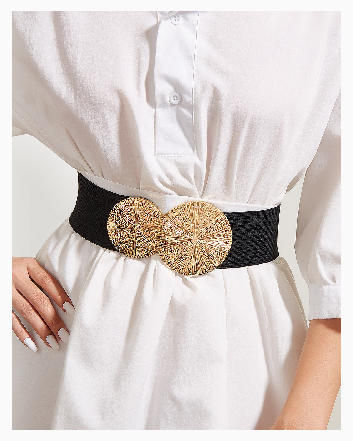 Women's Elastic Waist Belt with Gold Sunburst Clasp, Black Gold