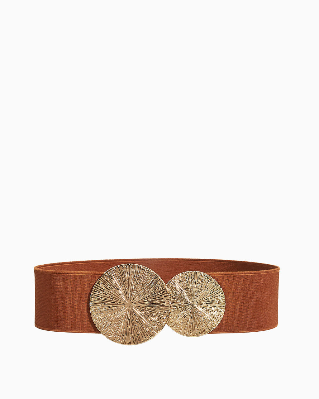 Women's Elastic Waist Belt with Gold Sunburst Clasp, Brown Gold