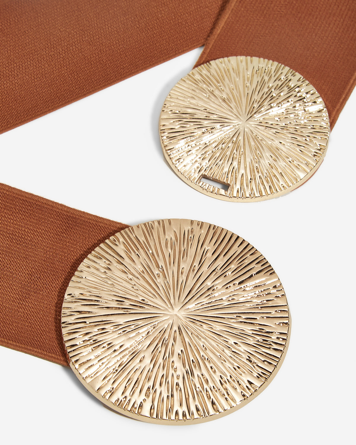 Women's Elastic Waist Belt with Gold Sunburst Clasp, Brown Gold
