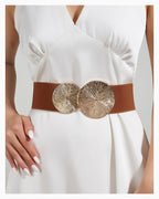 Women's Elastic Waist Belt with Gold Sunburst Clasp, Brown Gold