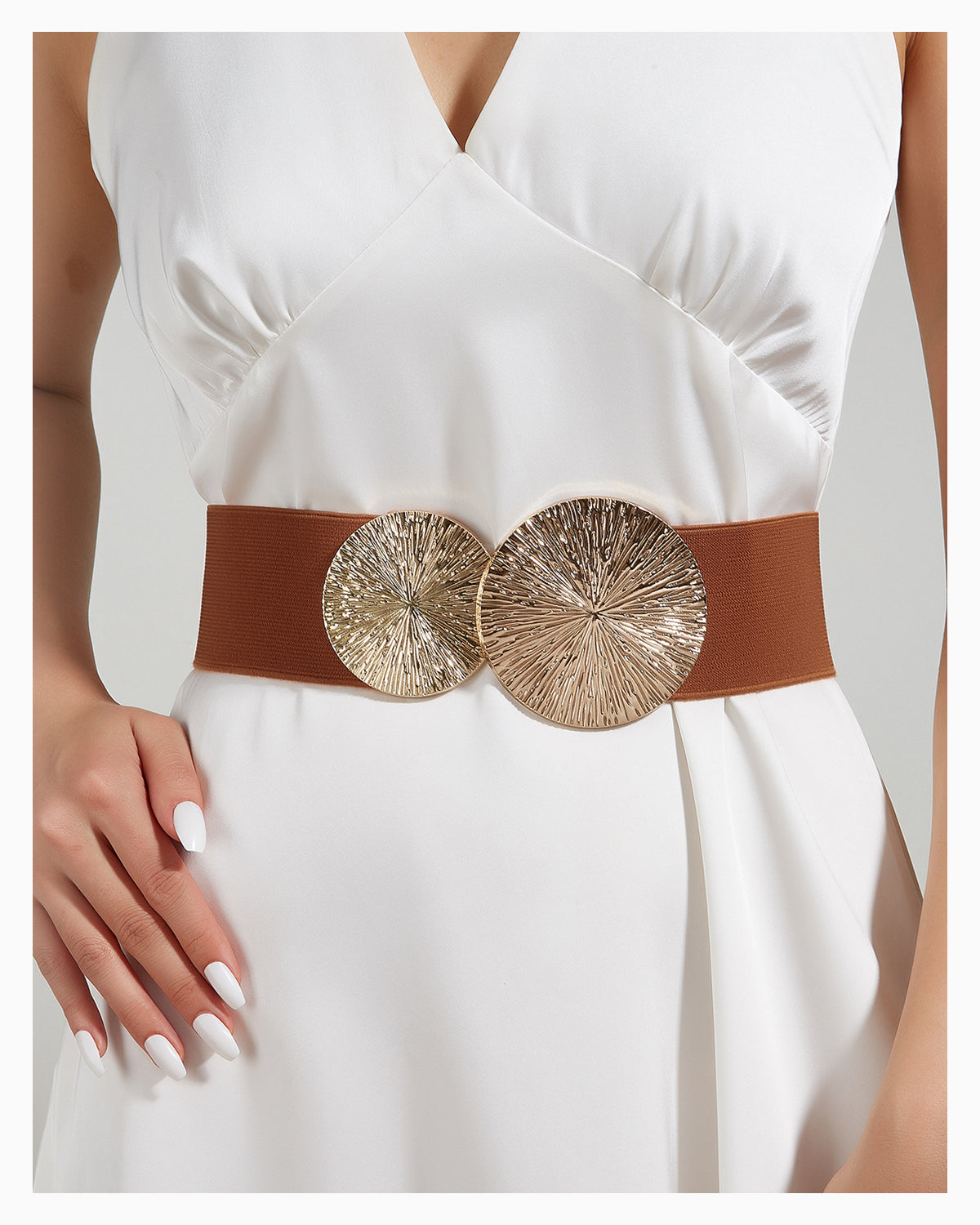 Women's Elastic Waist Belt with Gold Sunburst Clasp, Brown Gold