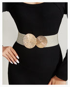 Women's Elastic Waist Belt with Gold Sunburst Clasp, Champagne Gold