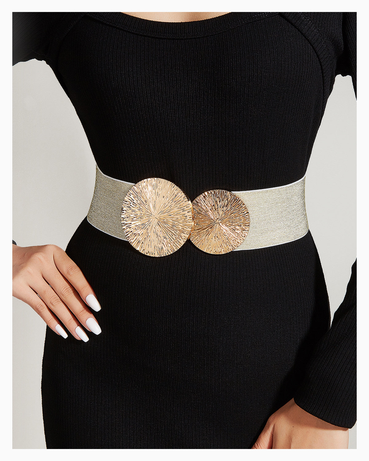 Women's Elastic Waist Belt with Gold Sunburst Clasp, Champagne Gold