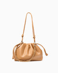Genuine Leather Drawstring Shoulder Bag with Gold Chain Accent, Yellow-Brown Color