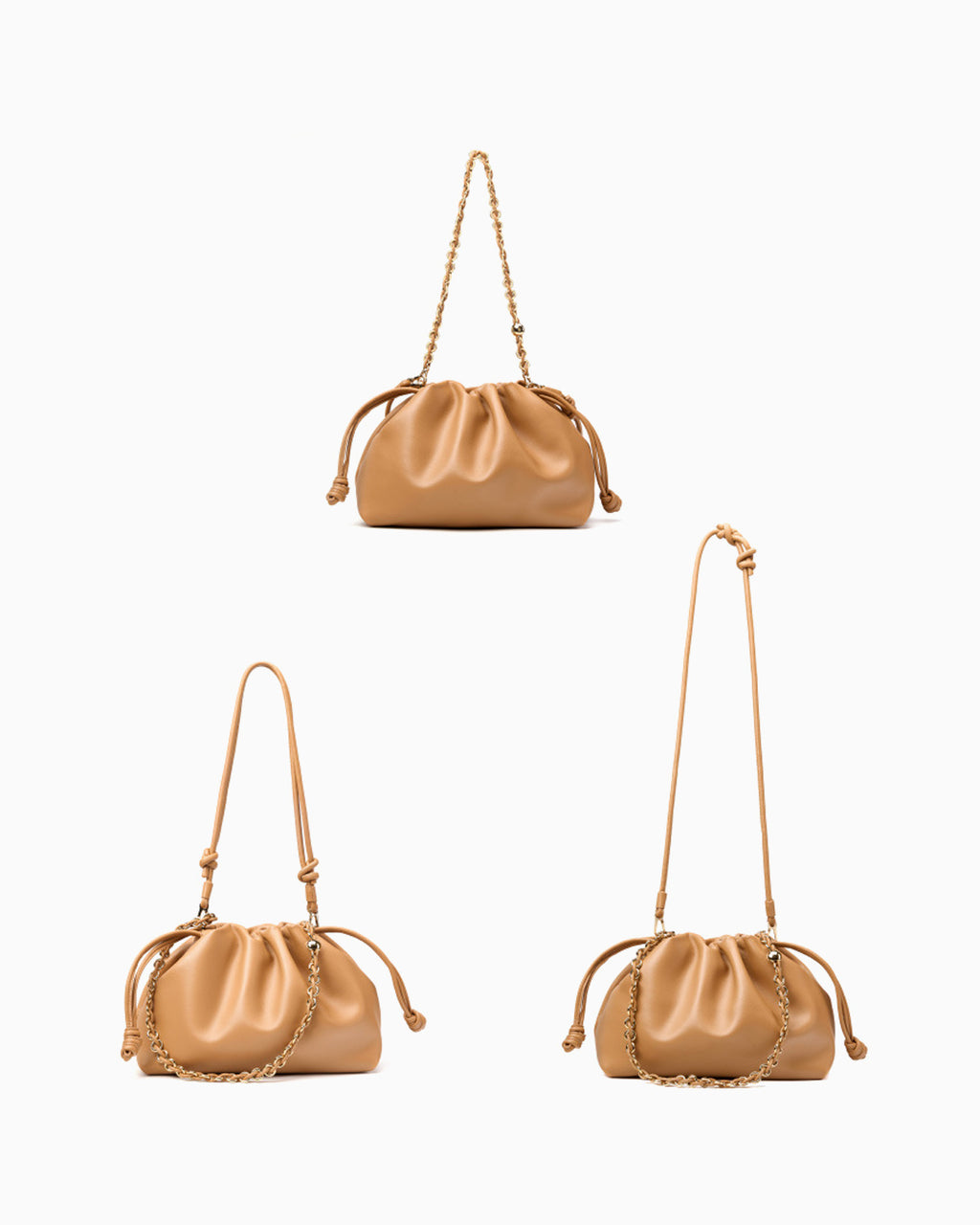 Strap adjustment options for the Leather Drawstring Shoulder Bag with Gold Chain Accent
