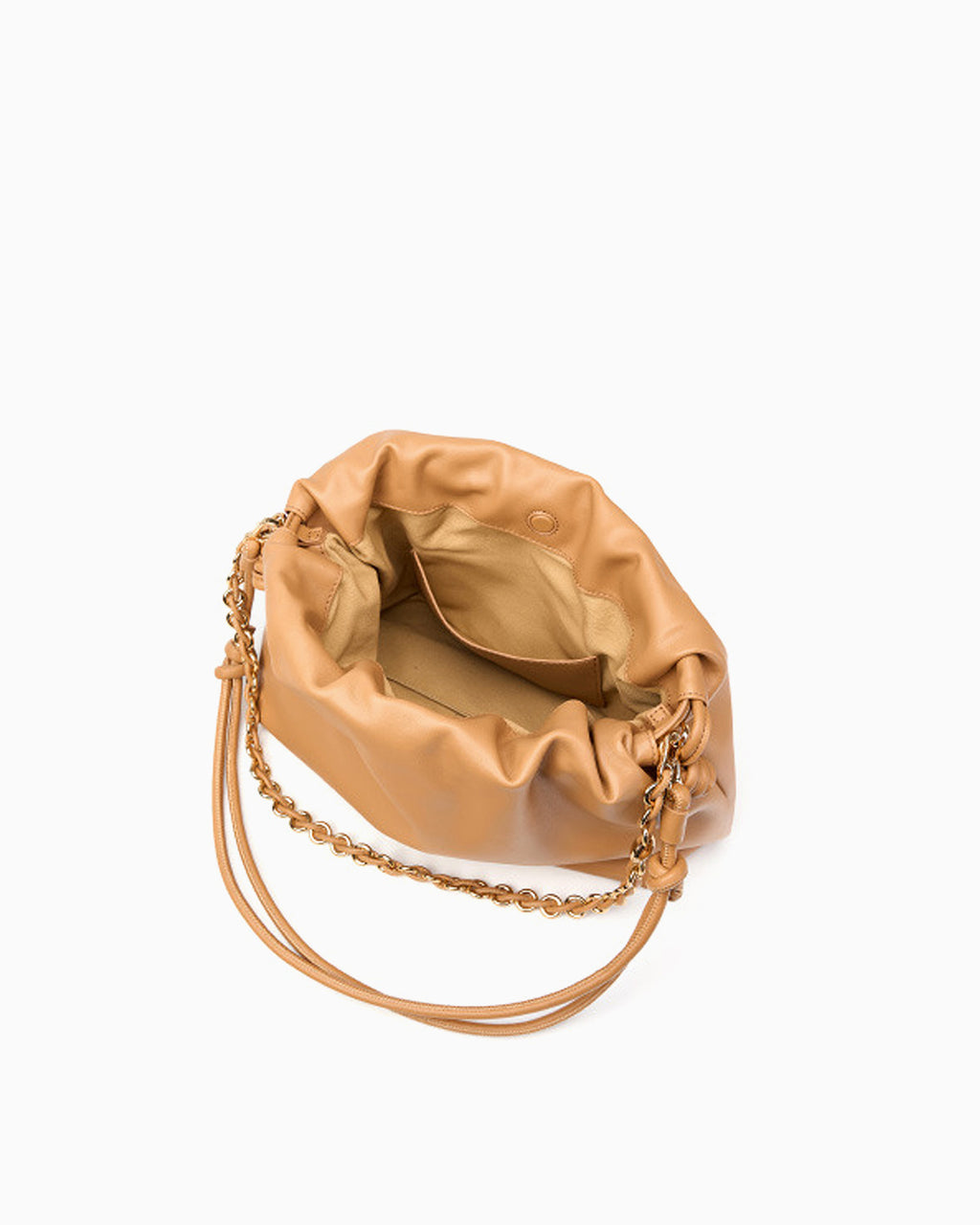 Compartment Details of Genuine Leather Drawstring Shoulder Bag with Gold Chain Accent
